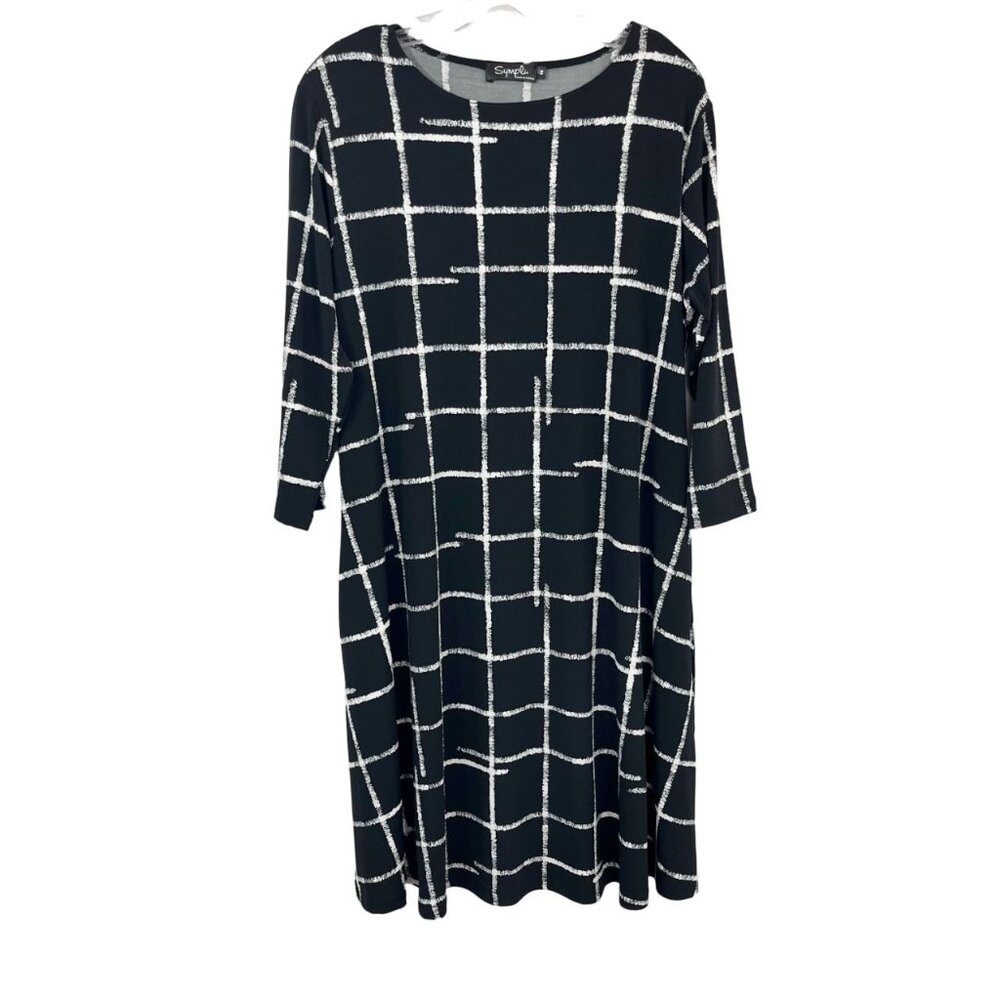 Sympli Black White Grid Plaid Geometric Print‎ Midi Dress Pockets Jersey Size 14